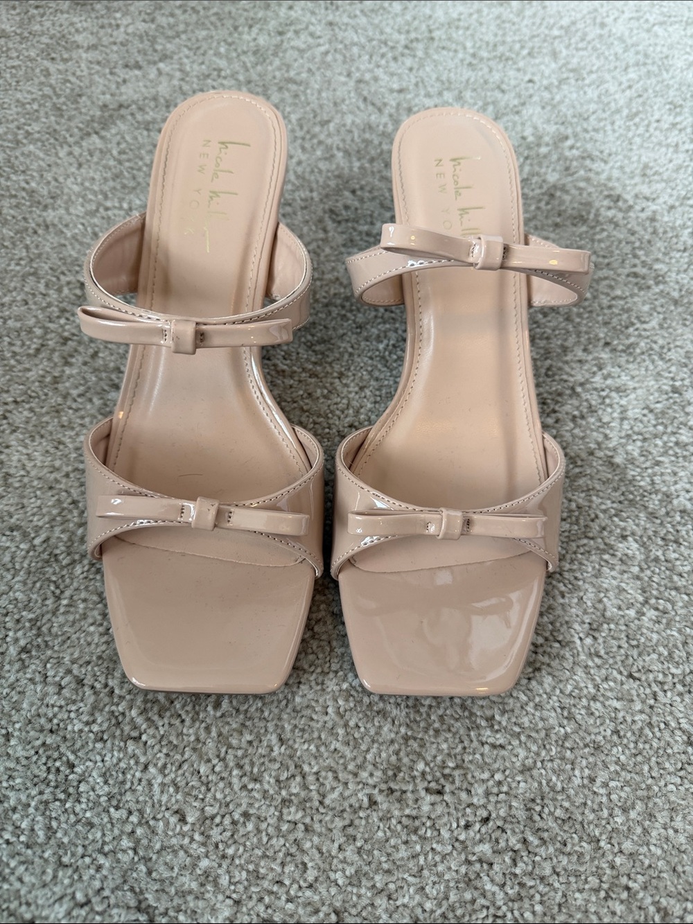 Nicole Miller Blush Patent Bow Block Heel Sandals